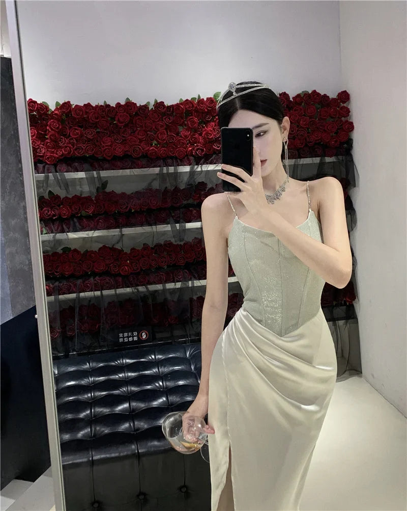 vmtvr  -  Elegant Shiny Spaghetti Strap Satin Midi Dresses for Women Summer Sexy Fashion Split Bodycon Evening Party Prom Female Clothing