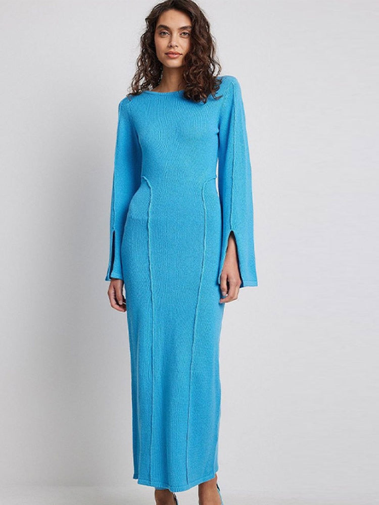 vmtvr - Flared Long Sleeves Split Maxi Dress Women Fashion Blue O-neck Sweater Dresses Female Elegant Bodycon Vestidos