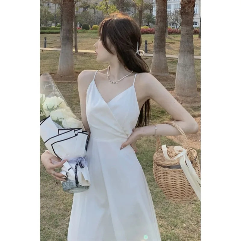 vmtvr Women White A-line Dress Elegant Sleeveless Dress Vintage 90s Y2k V-Neck Off Shoulder One Piece Frocks 2000s Clothes Summer 2024