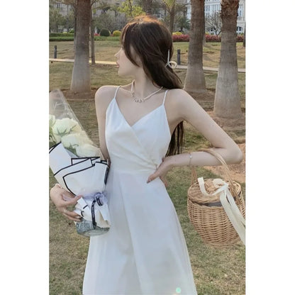 vmtvr Women White A-line Dress Elegant Sleeveless Dress Vintage 90s Y2k V-Neck Off Shoulder One Piece Frocks 2000s Clothes Summer 2024