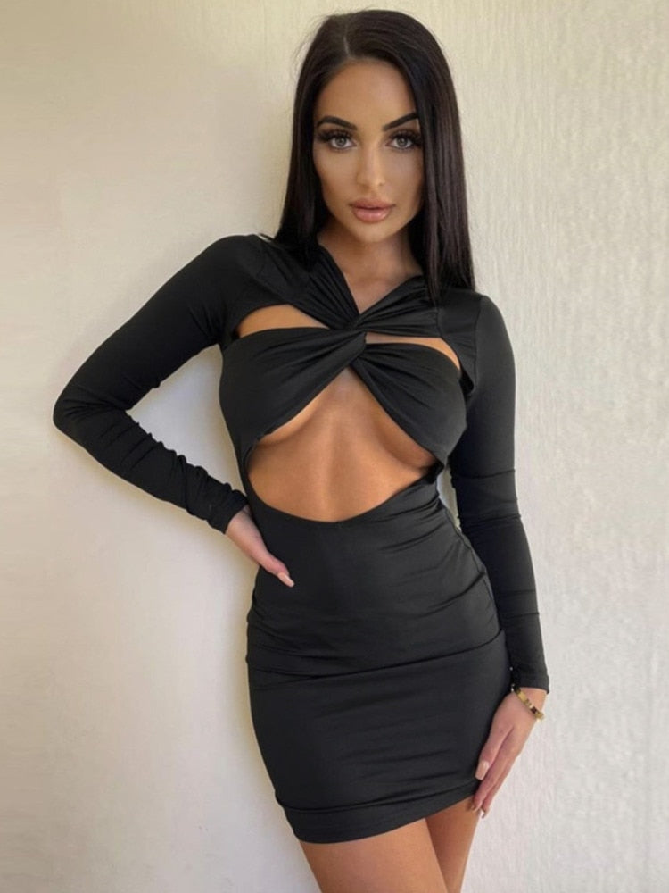 vmtvr - Autumn Hollow Out Mini Dress For Women Fashion Robe Black Long Sleeve Bodycon Ruched Short Dress Vestido