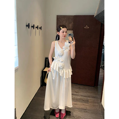 vmtvr  -  Women White Sleeveless Holiday Ruffled Edge 3D Floral Slip Dress Sexy Club Backless High Split Long Dress Female Summer Chic