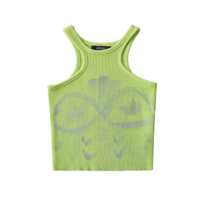 vmtvr Summer Knitted Graffiti Tank Tops Women Elastic Slim Crop Top