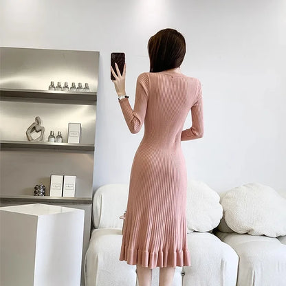 vmtvr Thick O-Neck Long Sweater Dress for Women Elegant Casual A-line Slim One-Piece Sexy Long Sleeve Knitted Dress Autumn Winter