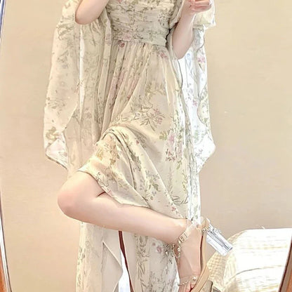 2024 New French Elegant Floral Midi Dress Woman Beach Casual Long Sleeve Even Party Dress Outwear One Piece Dress Korean Fashion