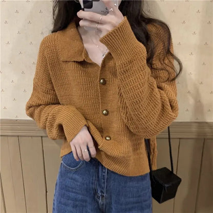 vmtvr New Women Doll Collar Knitted Cardigan Autumn Winter Long Sleeve Single-breasted Sweater Cardigans Female Loose Sweaters