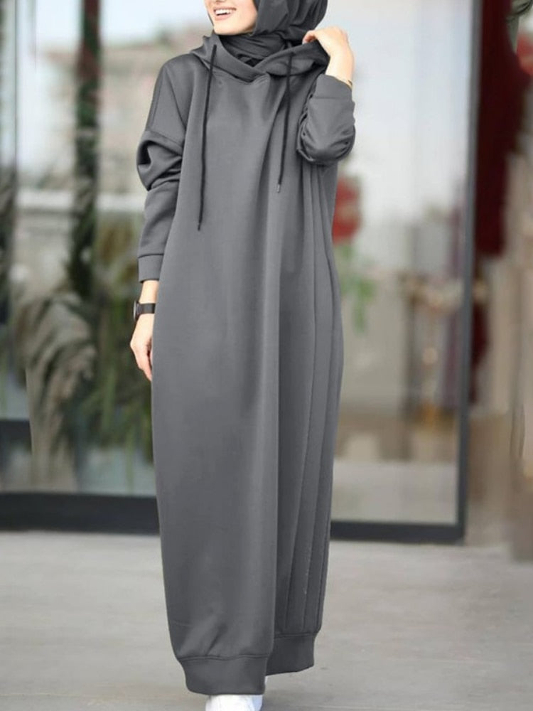 Women Muslim Dress Sweatshirt Dress  Stylish Hoodies Long Sleeve Maxi Dress Female Casual Solid Hooded Vestidos Robe