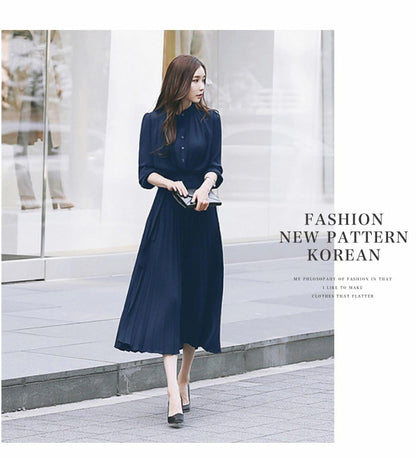 vmtvr Elegant Chiffon Long Sleeve Shirt Dress Women Belt Lace Up A-line Pleated Maxi Dress Korean Fashion Fall Clothes Streetwear