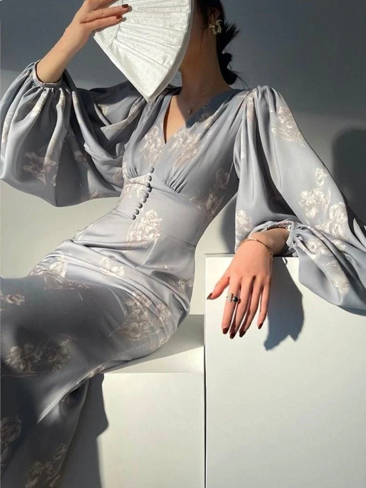 vmtvr New Elegant Printing Mermaid Dresses for Women Summer New Slim V-neck Long Sleeve Runway Party Robe 2024 Female Vestidos