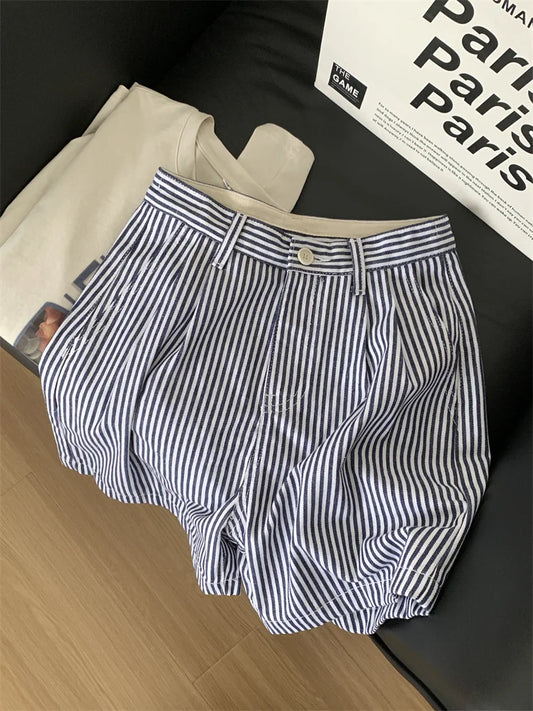 vmtvr Blue Striped Boxer Shorts Women's Commuting Fashion Casual Slimming A-line Wide Leg Pants Summer