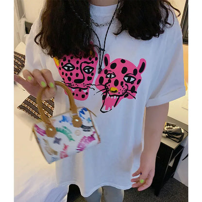 -Retro sports style outfit streetwear 90s fashion Kpop Pink Leopard Printing Women Summer Street Fashion Black T Shirts Short Sleeve Loose Cotton Tops 90s Y2K Tee Shirts