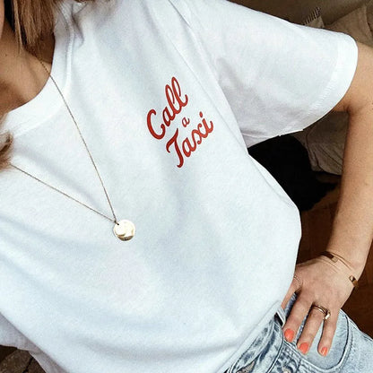 -Retro sports style outfit streetwear 90s fashion Call a Taxi Pocket Letters Printing Summer Casual T Shirts Female White Short Sleeve Loose Tops Vintage Style Cotton Tees