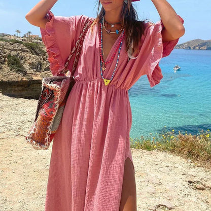 vmtvr Summer Loose Ruffle Short Sleeve Cover Up Dress Casual Women's Pleated Beach Long Dresses 2024 Sexy Deep V High Split Robe Dress