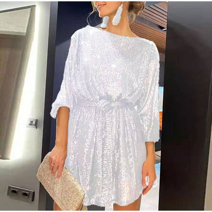 vmtvr Women Solid Sexy Sequins Mini Dress Female Fashion Long Sleeve Clothes Lady Elegant Evening Party Club Festival Dress