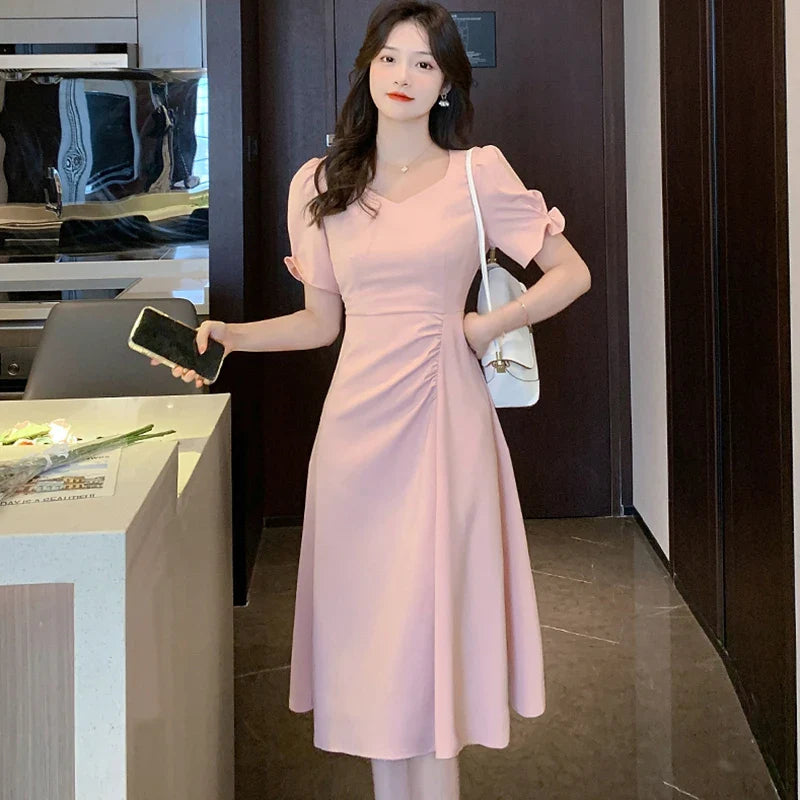 vmtvr Summer Pink Puff Sleeve Square Collar Midi Dresses Women Korean Vintage Hepburn Dress 2024 Black Dresses for Official Occasions