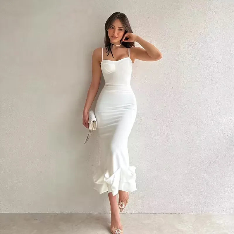 Sexy Sleeveless Backless Midi Dress Women 2024 Summer Fashion Bodycon Elegant Ruffles Eged Birthday Party Club Pencil Dess