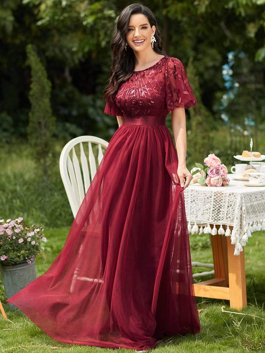 vmtvr 2023 New Women's Burgundy A-Line Sequin Mesh Leaf Maxi Prom Dress Sparkle Evening Dresses O-Neck Short Sleeve Long Dress