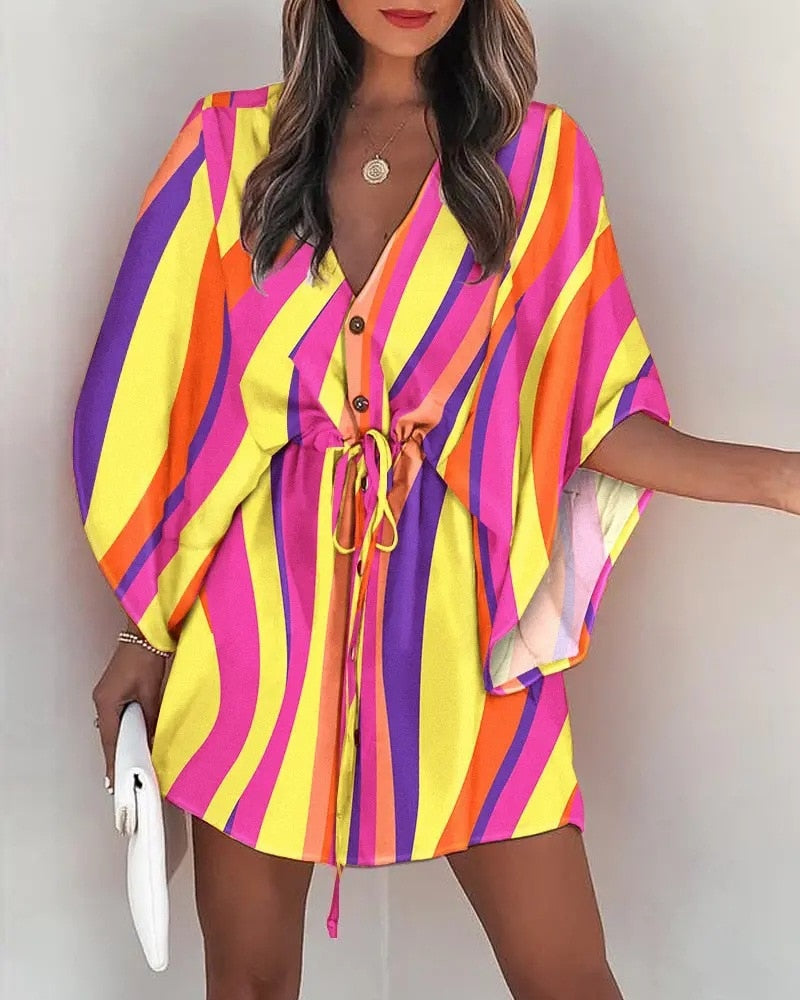 vmtvr 2023 Summer Boho Dresses Women Casual Flora Print Batwing Sleeve Lace-Up Dress Sexy V Neck Loose Ladies Beach Mini Dress Vestido