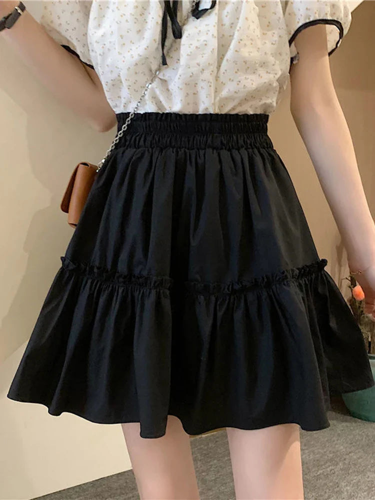 vmtvr Sweet Preppy Style White Mini Skirt Women Elegant Fashion High Waist A Line Skirt Korean All Match Loose Summer Skirt New