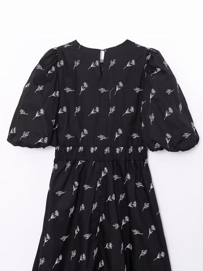 New Fashion Women Floral Embroidery Black Midi Dress Vintage Puff Sleeve O Neck Female Dress