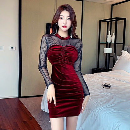 vmtvr - Black Red Blue Velvet Dress Women Sexy Party Dresses Women Evening Perspective Mesh Mini Dress Ladies Folds Tight Pencil