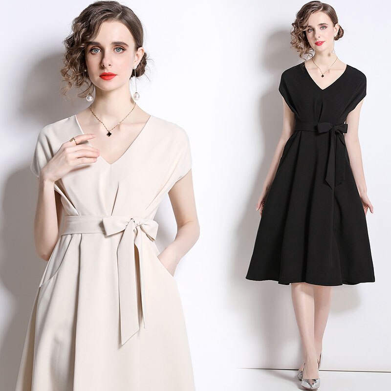 vmtvr - 2023 Summer Women Elegant Midi Dress Solid Color Black Apricot Short Sleeve Classic French Dresses Luxury Evening Partry Vestido