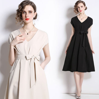 vmtvr - 2023 Summer Women Elegant Midi Dress Solid Color Black Apricot Short Sleeve Classic French Dresses Luxury Evening Partry Vestido