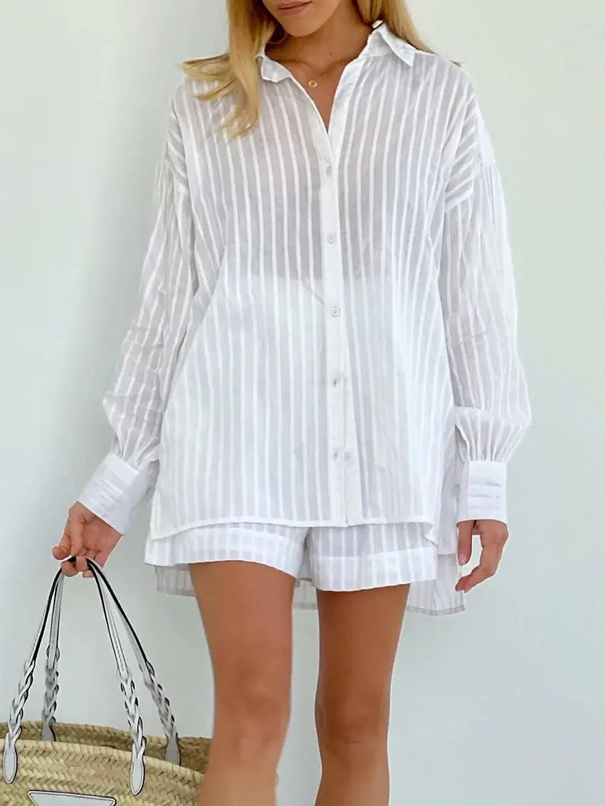 vmtvr Casual Shorts Sets Striped Jacquard 2 Pieces Cozy Lapel Lantern Sleeve Shirt Summer Outfit Elastic Waist Shorts Suits