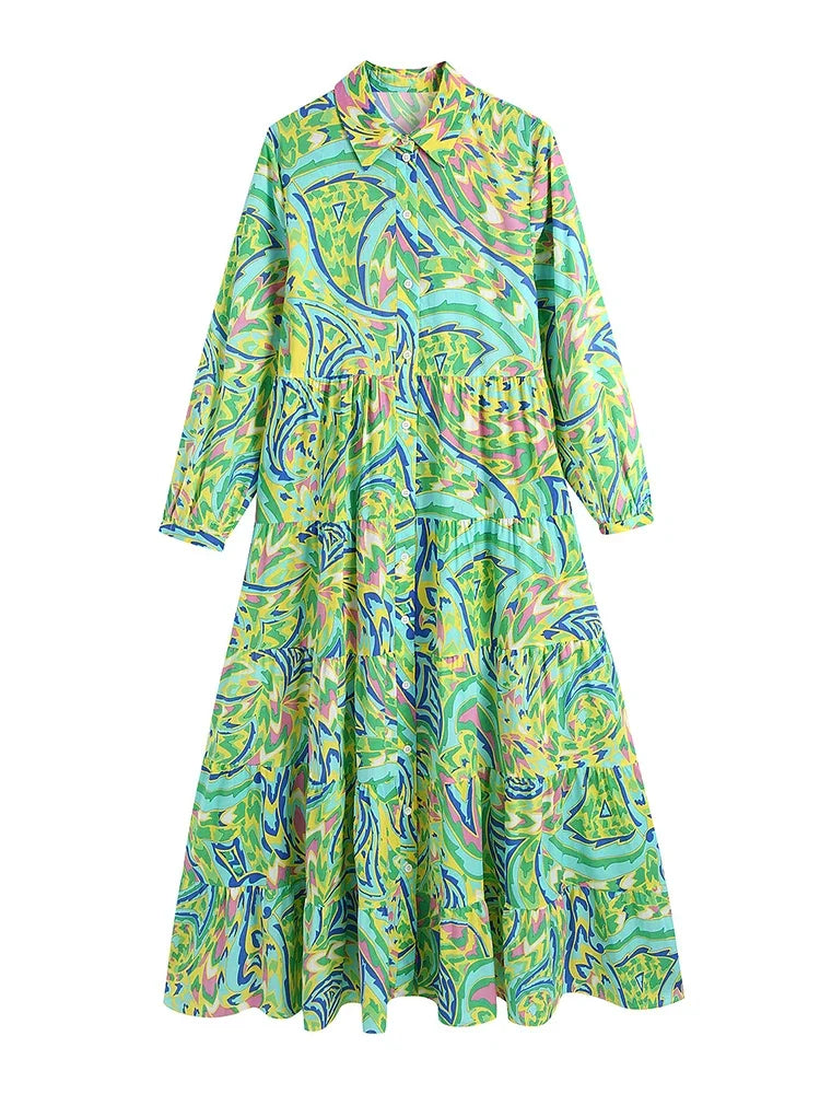 vmtvr  - Paisley Print Shirt Dress Elegant Autumn Spring Green Dress Floral Print Boho Female Maxi Dress Long Sleeve Vestido