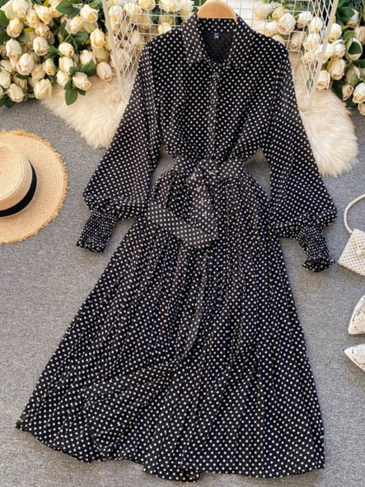 Spring Autumn Women Vintage Maxi Party Dress Long Sleeve Orange Polka Dot Pleated Evening Black Vestidos Femme Fashion Robe New