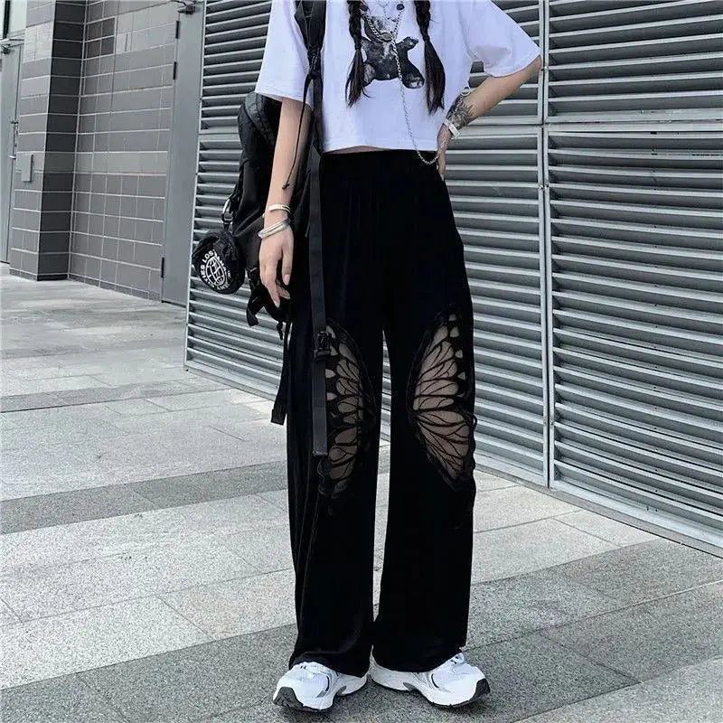 vmtvr Butterfly Hollow Embroidery Out Pattern Black Pants Hip Hop Vintage Women Streetwear Summer Loose Sport Fashion Casual Trousers