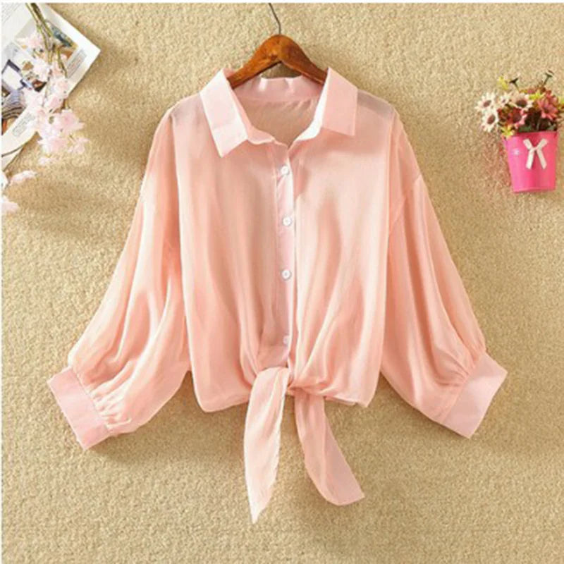 vmtvr Women Chiffon Sunscreen Shirts Summer Fashion Female Midi Sleeve Tops Korean Casual All Match Y2K Loose Shirts