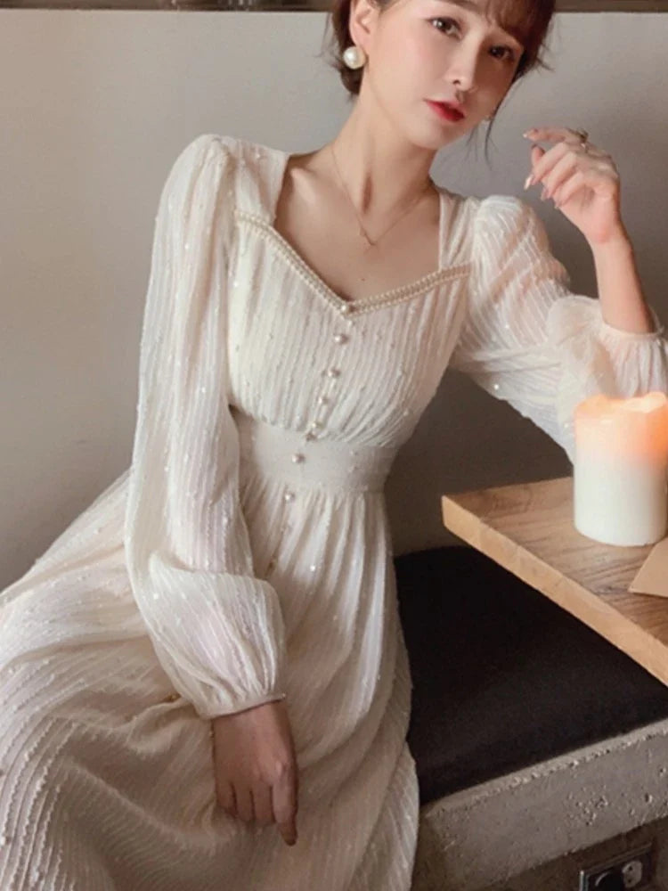 vmtvr 2024 Summer New Women Fashion Elegant White Midi Dresses Vintage Princess Female Party A Line Clothes Prom Robe Vestdios