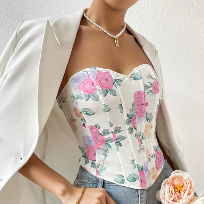 vmtvr Women's Summer Floral Printed Corset Tops Sexy Strapless Bodyshaper Bustier Crop Top Female Fashion Slim Back Hook Tank Tops