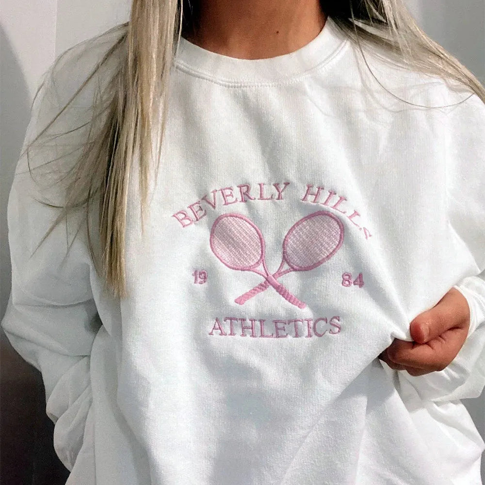 -Retro sports style outfit streetwear 90s fashion Women Spring Tennis Athletics 1984 Embroidered Vintage Style White Sweatshirts Loose Cotton No Fleece Ins Fashion Y2K Pullovers