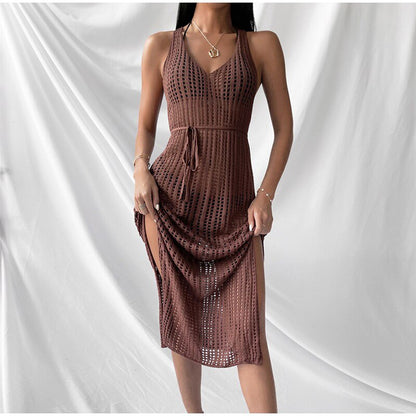 New Sexy Hollow Fishnet Mesh Maxi Knit Dress Women Party Club See Through Bodycon Long Dresses Summer Beach Holiday Outfits