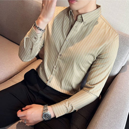 jiaabc British Style Striped Shirts Mens Long Sleeve Silky Slim Casual Shirts Luxury Men Business Social Party Dress Shirt Streetwear