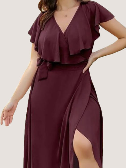 Party Dresses For Women 2023 Plus Size Summer Midi Dress V-Neck Solid Ruffle Sleeve Belted Wrap Dress