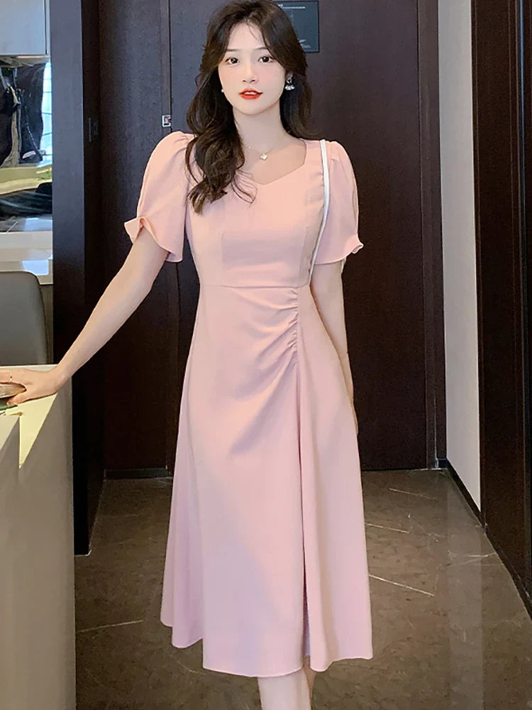 vmtvr Summer Pink Puff Sleeve Square Collar Midi Dresses Women Korean Vintage Hepburn Dress 2024 Black Dresses for Official Occasions