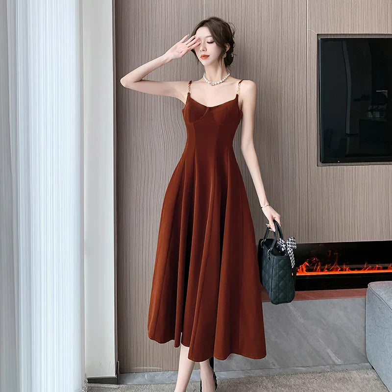 vmtvr  -  Elegant Party Sleeveless Velvet Midi Dresses for Women Autumn New Vintage Fashions A-line Slim Green Casual Female Clothing