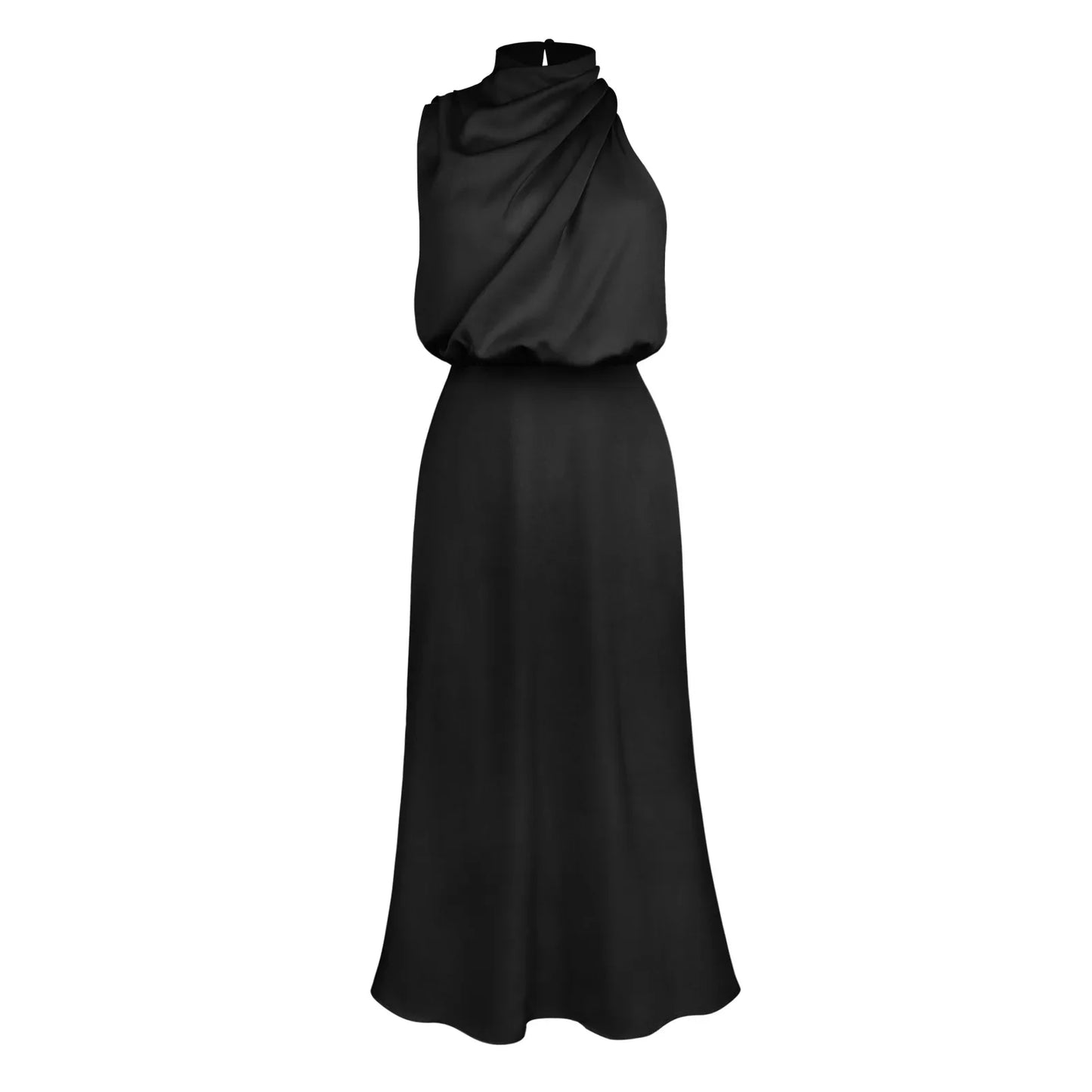 vmtvr  - One Shoulder Turtleneck Tank Satin Women Party Dress Robe Zip Sleeveless Elegant Vintage Folds Women Clothing