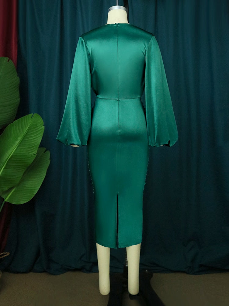 vmtvr Long Sleeve Green Dresses Bodycon Elastic Satin Smocked Midi Dress Elegant Big Size Shiny Evening Christmas Party Church Outfits