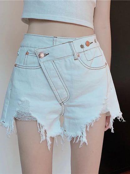 vmtvr Irregular Design Women Denim Shorts High Waist Summer Y2k Jeans Summer High Waist Tassel Cross Light Blue Female Shorts