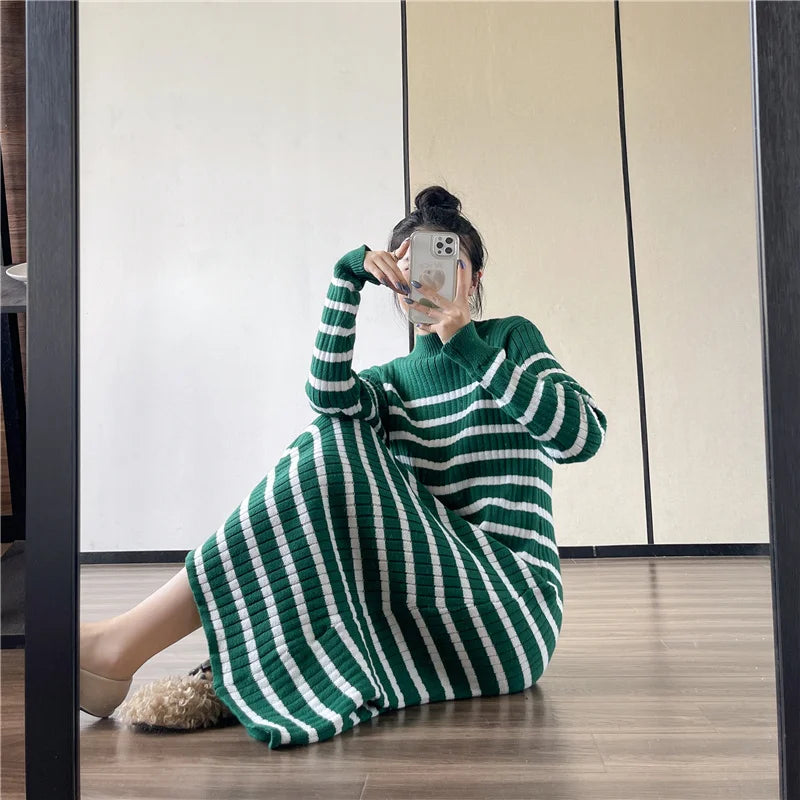 vmtvr Striped Knitted Robe Dresses Clothing For Women Autumn Winter Vintage Casual A Line Long Sleeve Maxi Sweater Dress Female