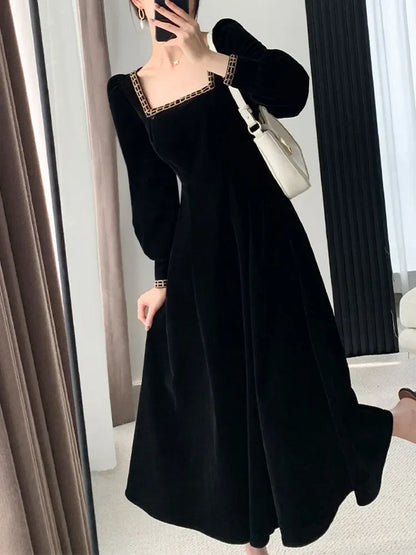 vmtvr New French Vintage Elegant Dresses for Women Long Sleeve Streetwear Office Lady Solid Square Collar New Autumn Winte Dress