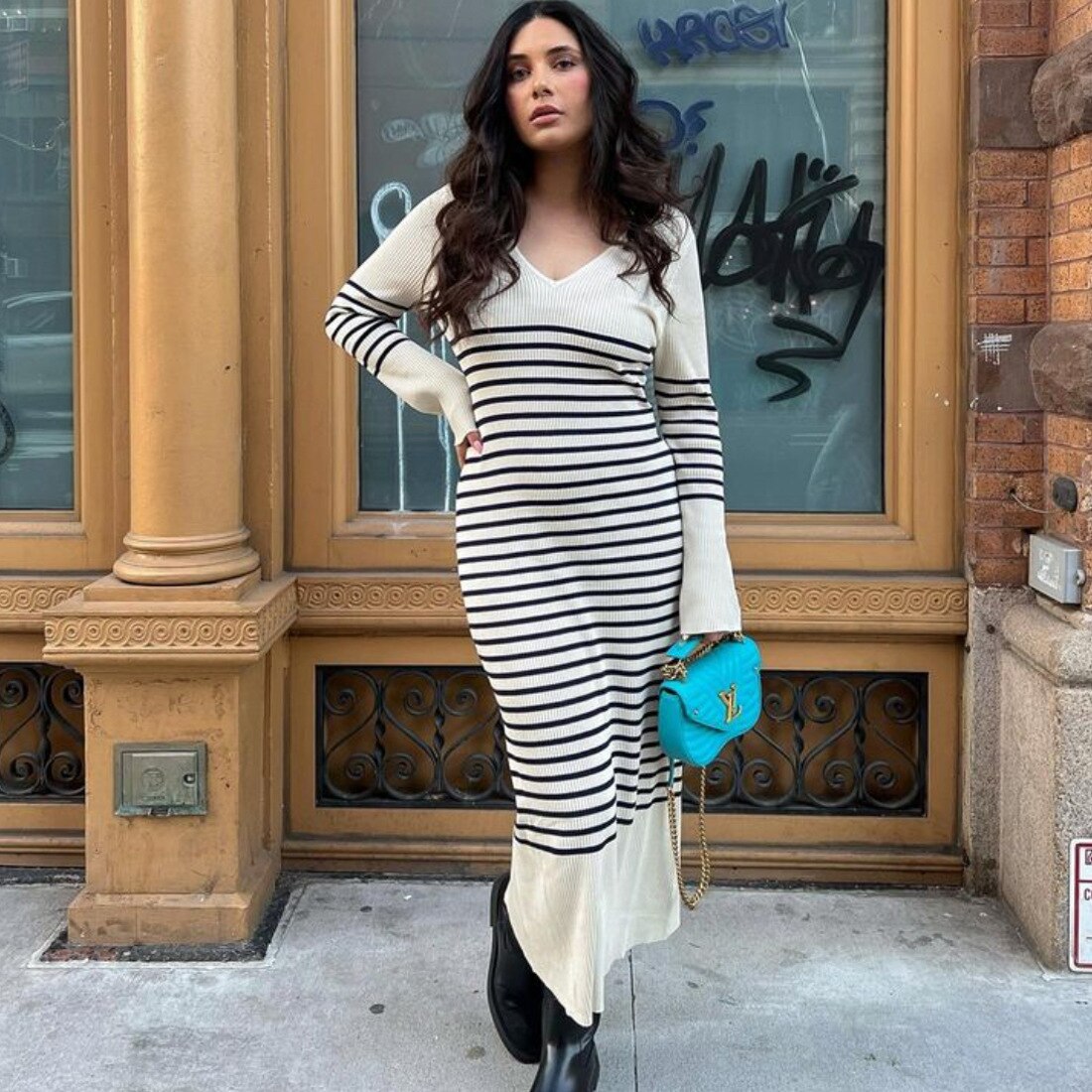 vmtvr - Black White Striped Knitted Maxi Dress for Women Elegant Long Sleeve Slim Sweater Dress Autumn Winter Causal Long Dress