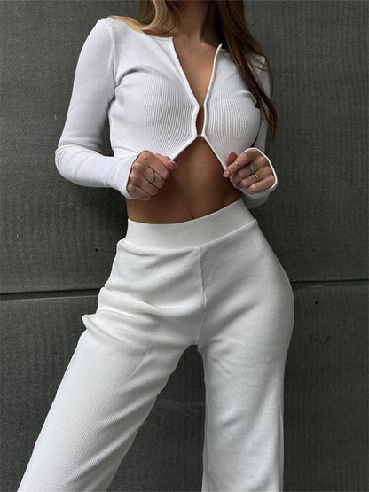 -Fall Outfits -Fall Outfits Long Sleeve Top  Knitted 2 Piece Women Sets Long Sleeve Button Up T-shirts Crop Tops High Waist Wide Leg Pants Bottoms Streetwear