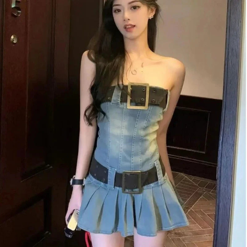 vmtvr  -  Vintage Strapless Denim Dress Women Bodycon Sexy Dress Harajuku Pleated Mini Skirt Trends Clothes Design Chic Streetwear Summer