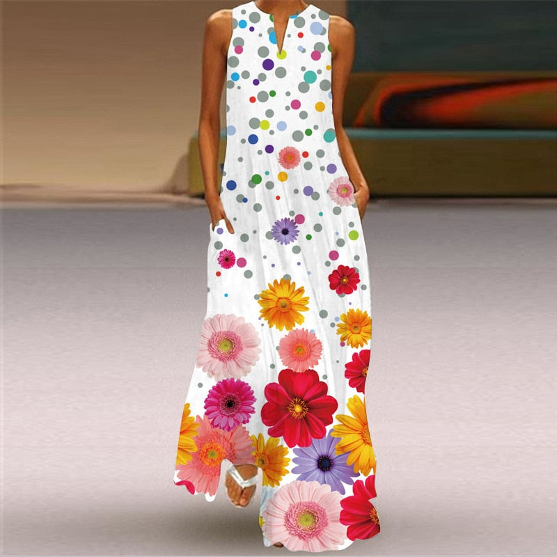 vmtvr - 3D Floral Printed Women Dress Summer Vintage V-neck Sleeveless Loose Maxi Dress Elegant Casual Ladies Party Dresses Vestidos