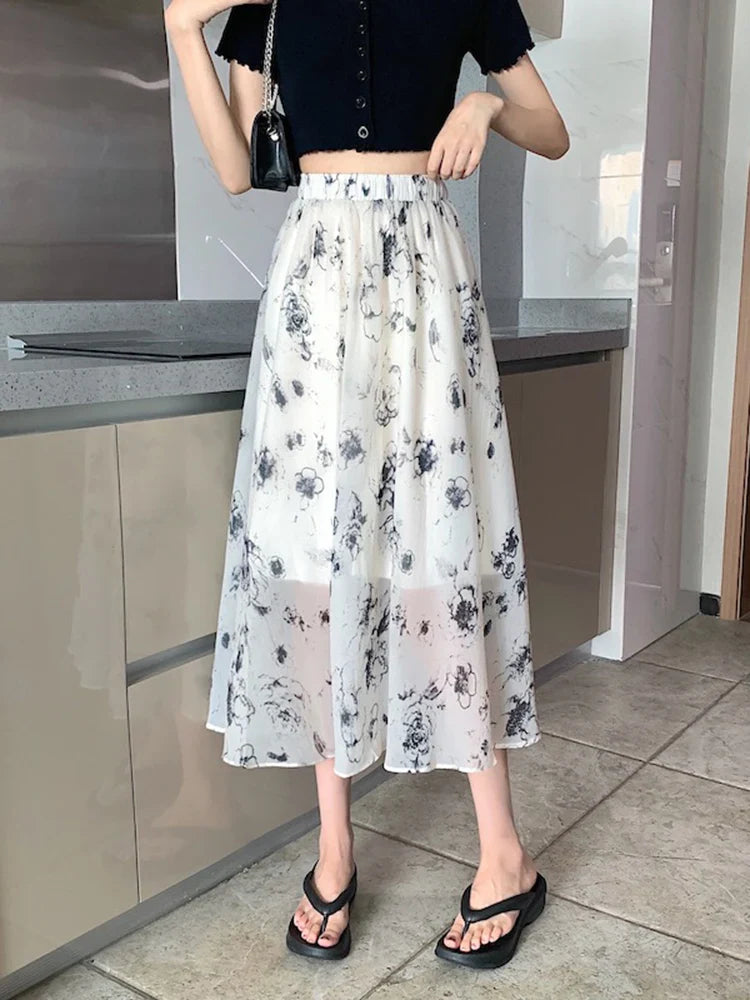 vmtvr Vintage Print Floral Women Skirts Elastic High Waist Elegant A Line Ladies Midi Skirts Summer Korean Casual White Skirt